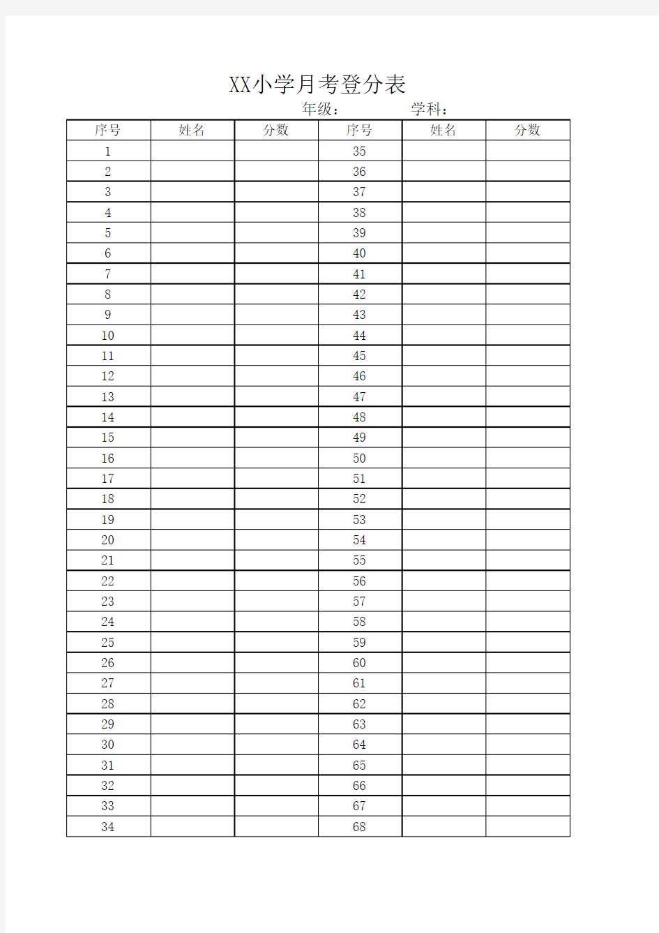 学校期末考试登分表