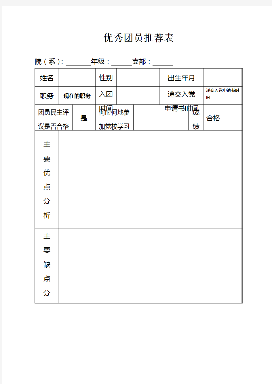 优秀团员推荐表样本