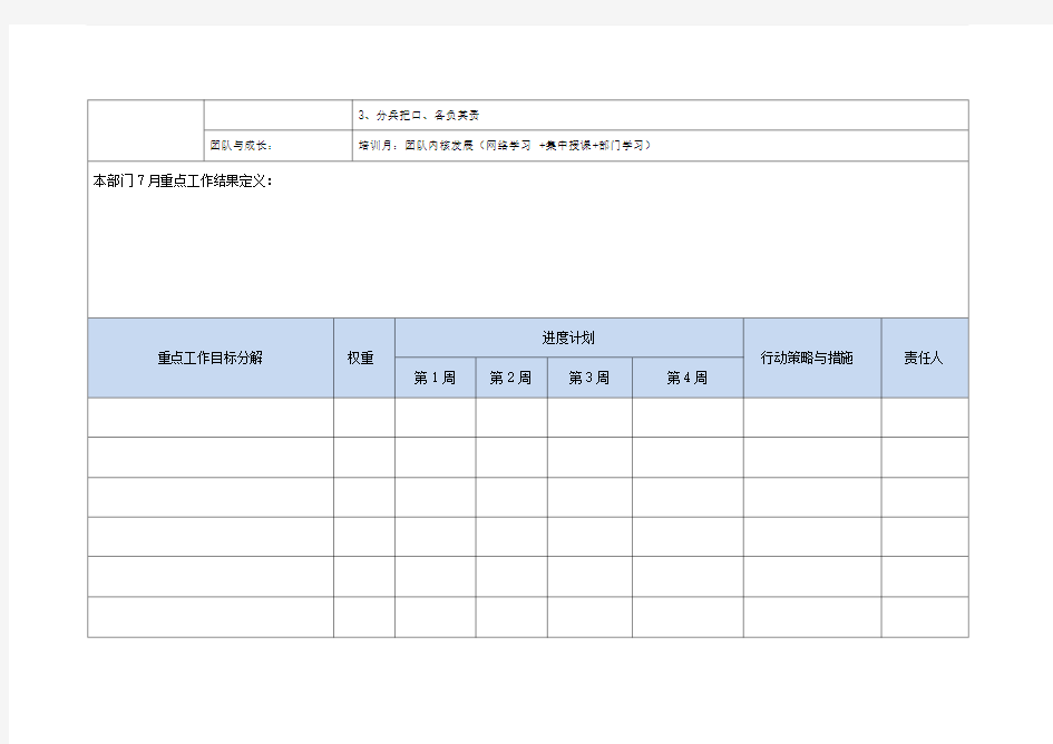 部门月度工作重点计划表