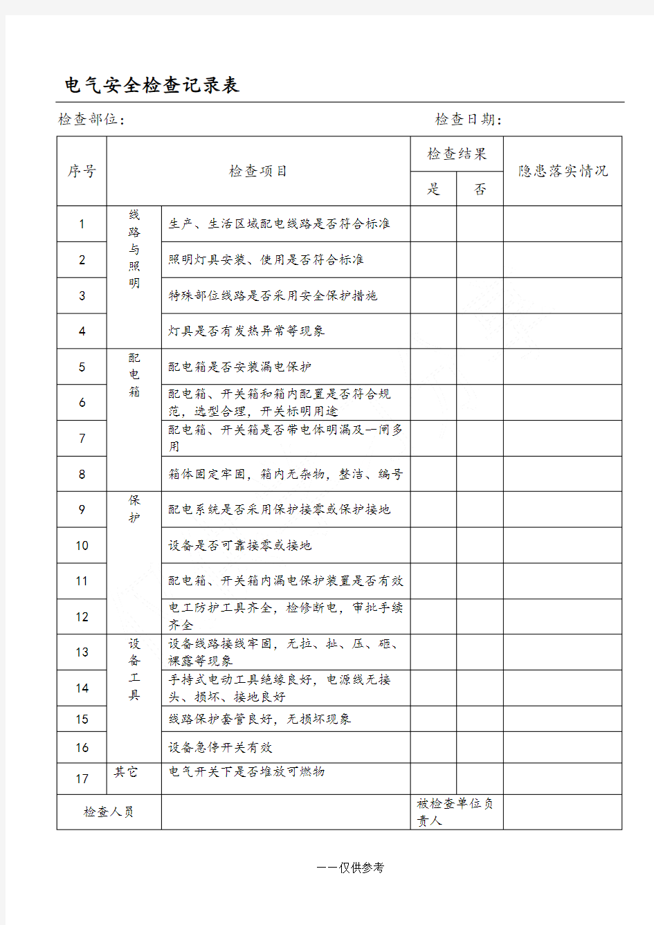 电气安全检查记录表