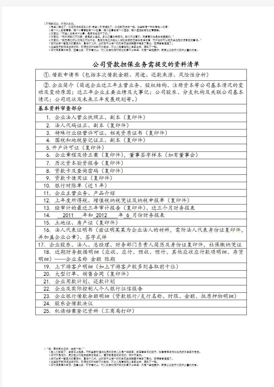 公司贷款担保业务需提交的资料清单