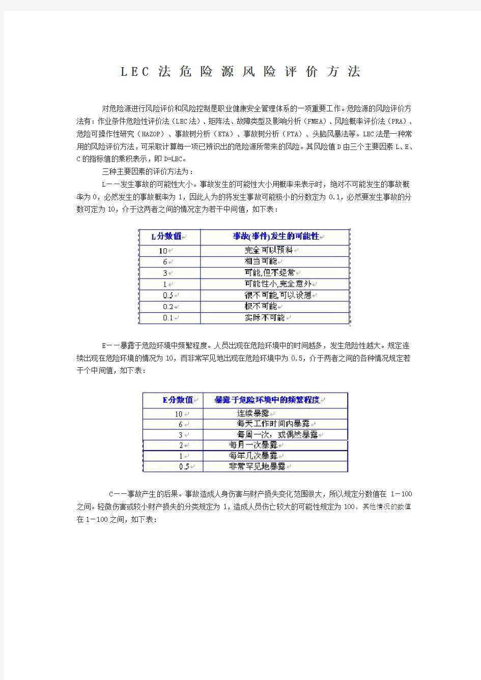 LEC法危险源风险评价方法