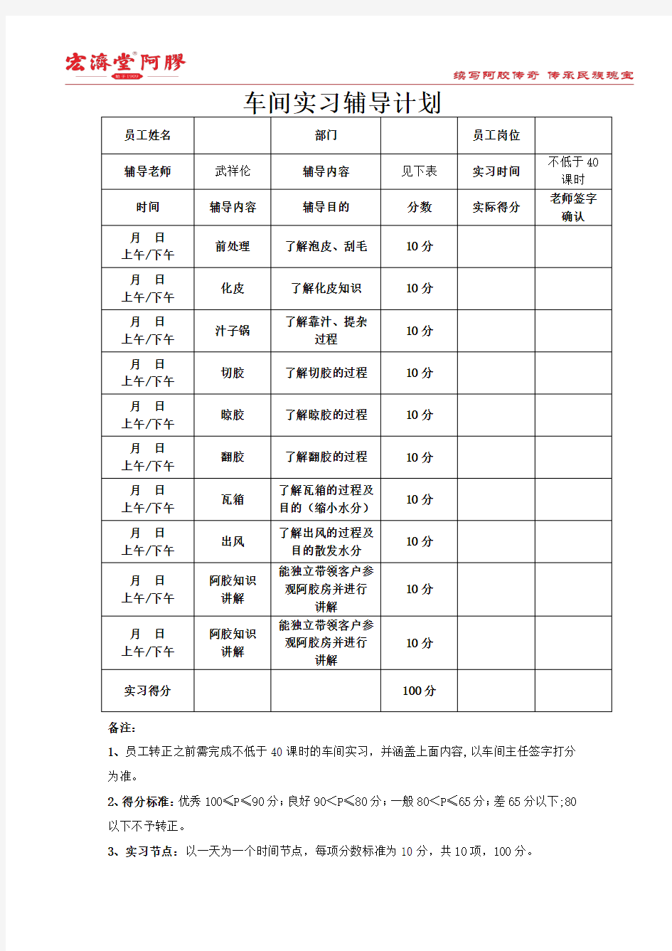 新员工车间实习计划表