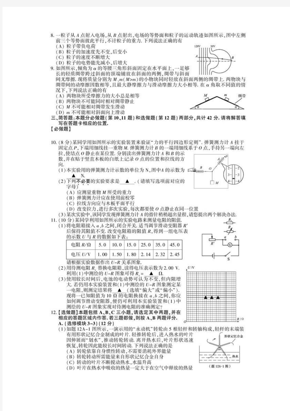 2011江苏高考物理试卷(含参考答案和评分标准)