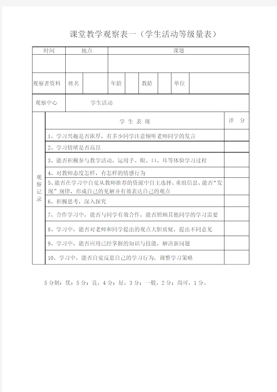 课堂观察量表