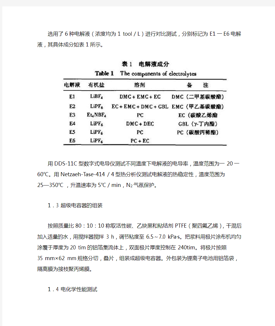 超级电容器用有机电解液的研究