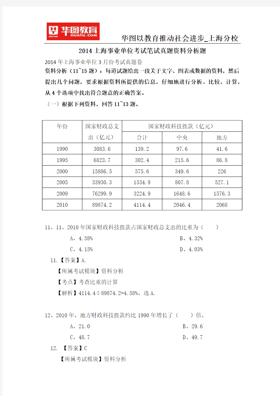 2014上海事业单位考试笔试真题资料分析题