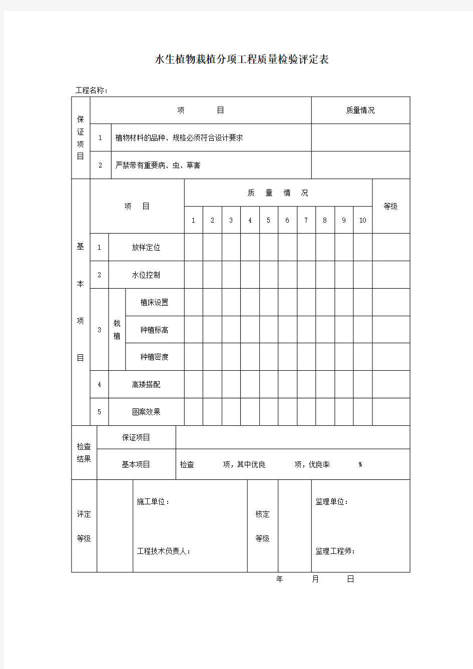 水生植物栽植分项工程质量检验评定表