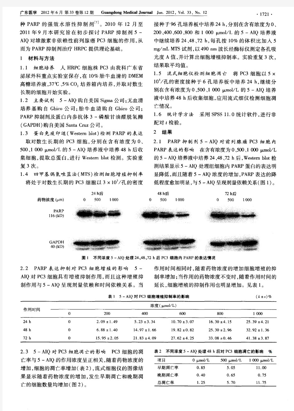 PARP抑制剂5-AIQ对雄激素非依赖性前列腺癌细胞PC3的作用