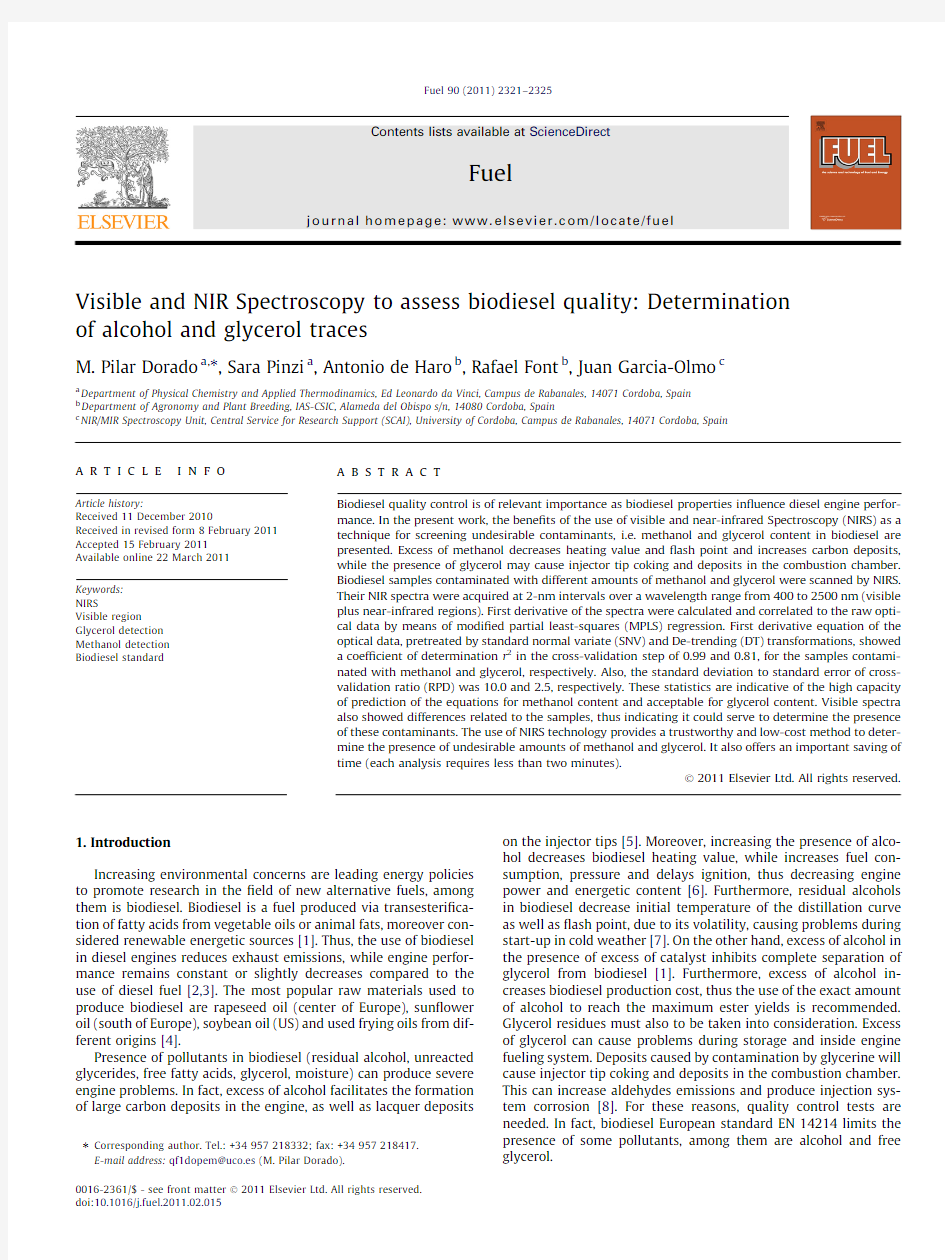 Visible and NIR Spectroscopy to biodiesel quality- Determination of alcohol and glycerol traces