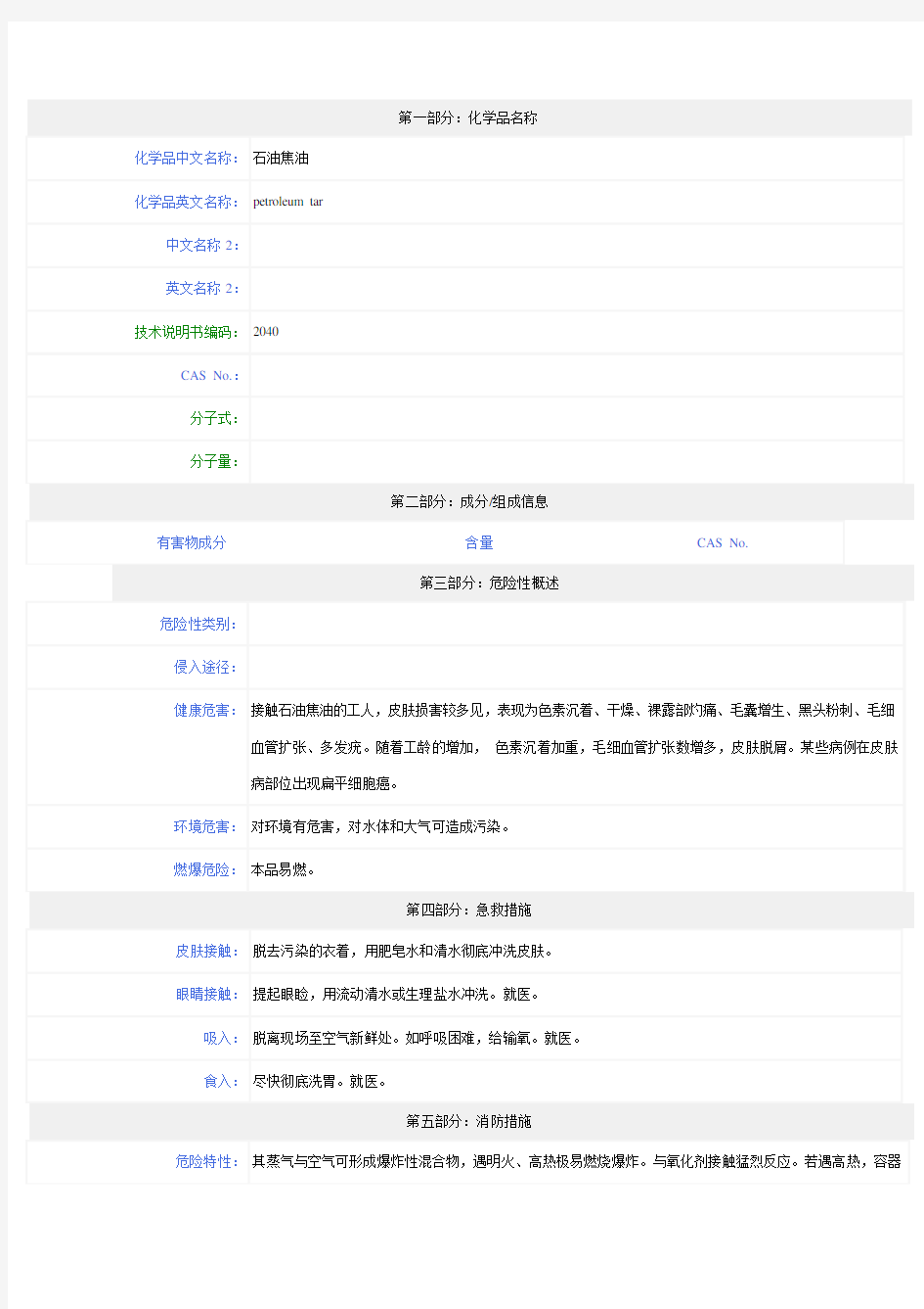 MSDS-石油焦油