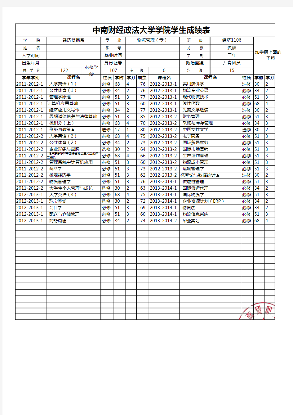 【专科成绩单样本】