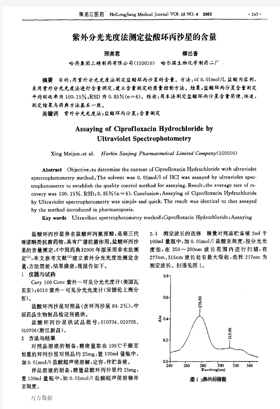 紫外分光光度法测定盐酸环丙沙星的含量