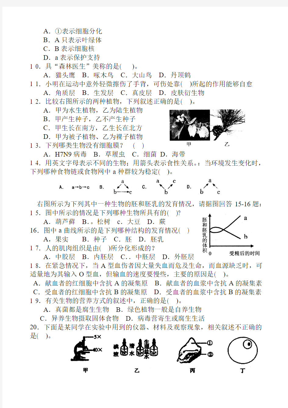 2014年广东省中学生初中生物学联赛试卷
