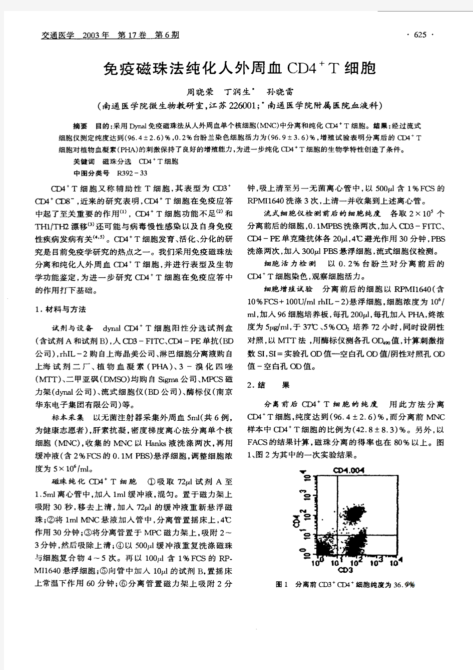 免疫磁珠法纯化人外周血CD4^+T细胞