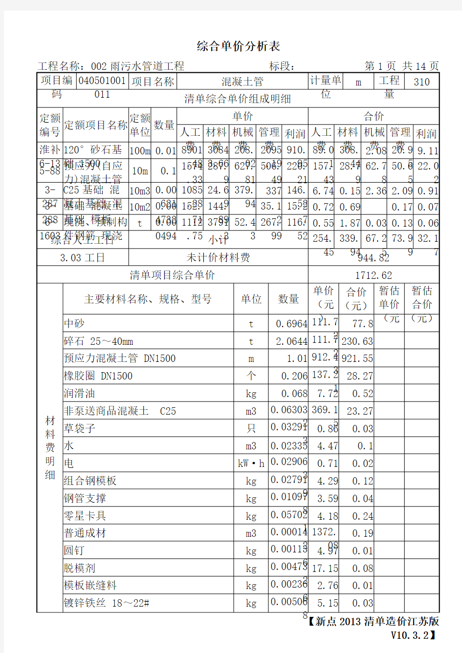 综合单价分析表