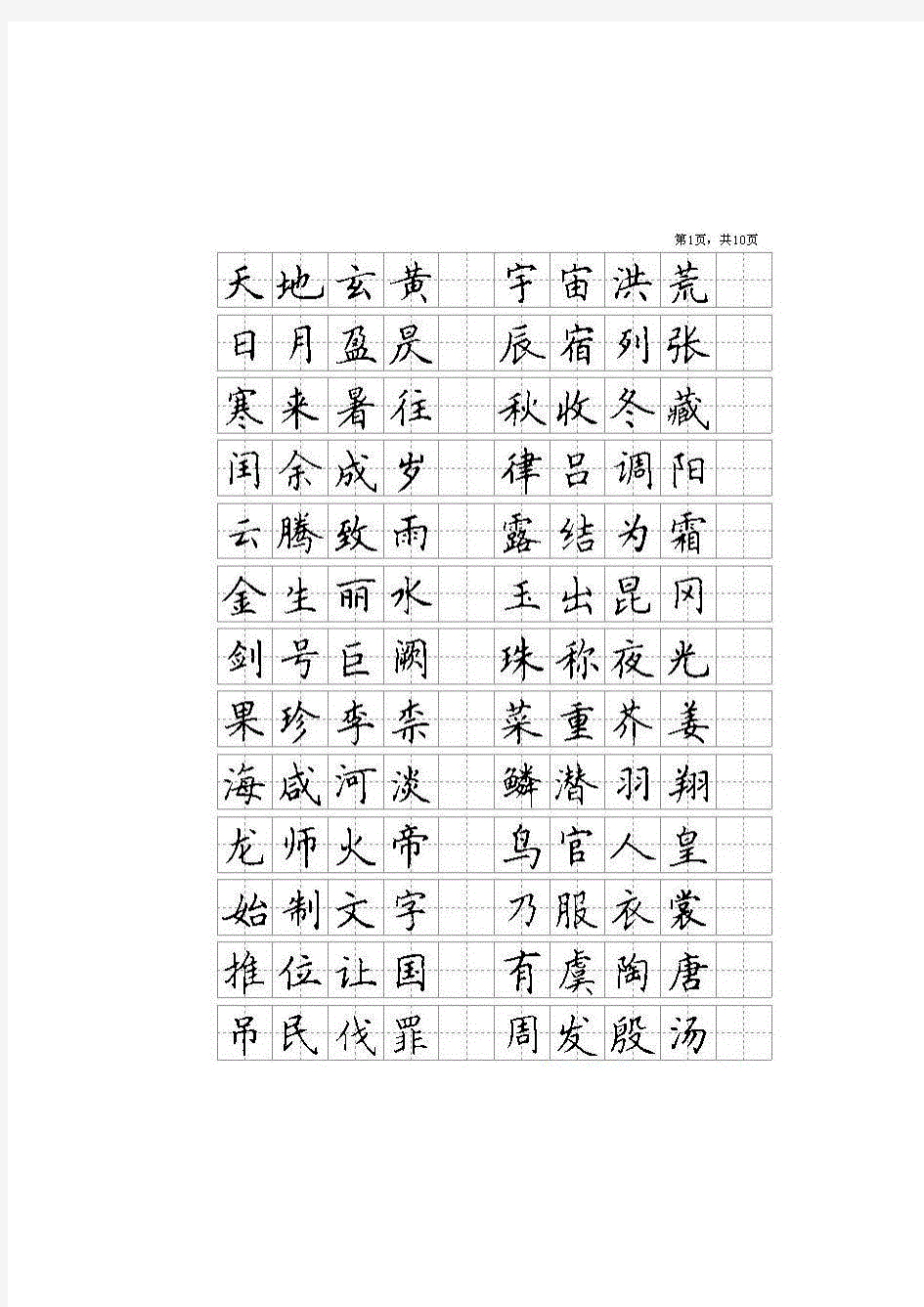 钢笔千字文字帖A4打印版