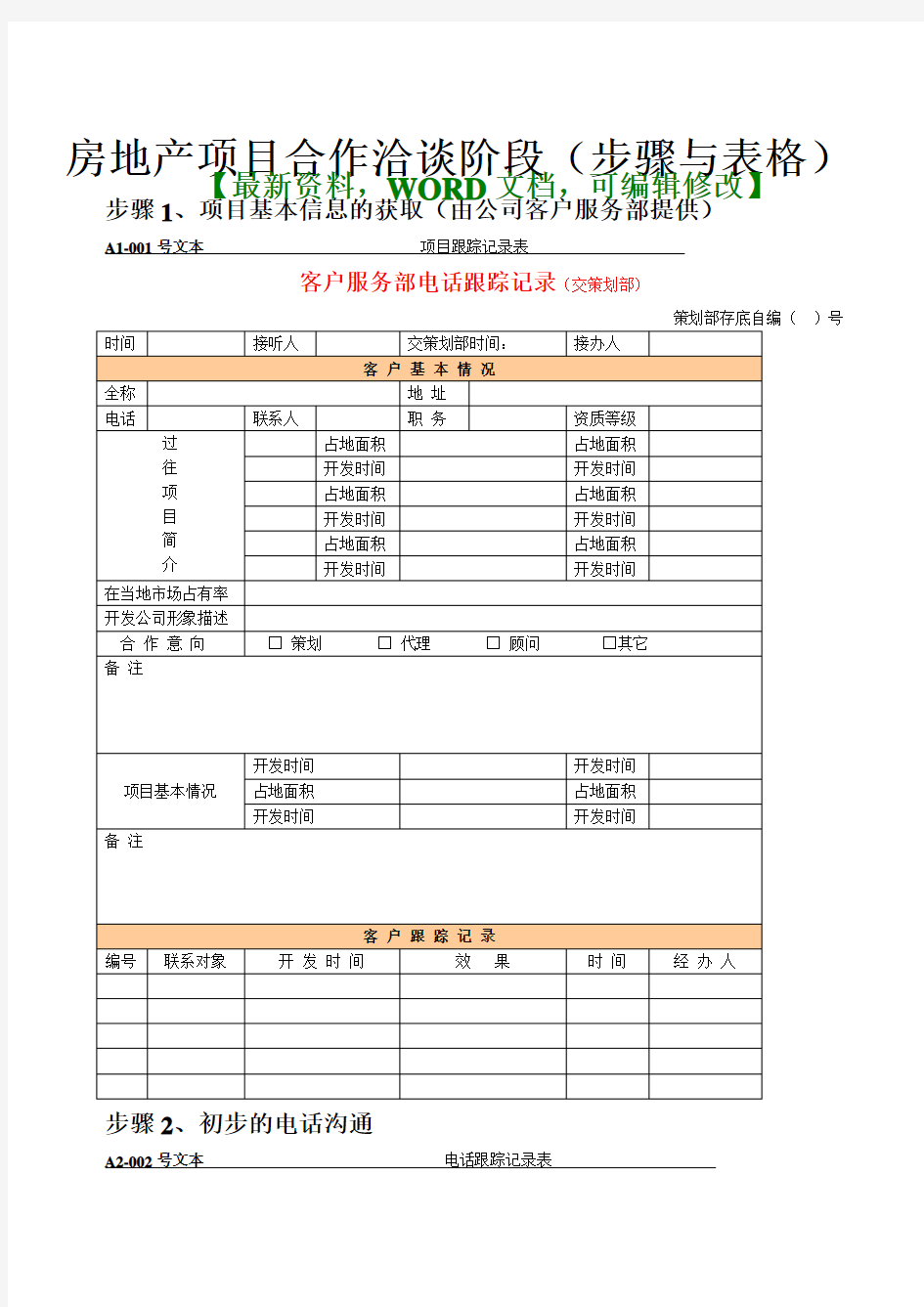 房地产项目合作洽谈阶段步骤与表格