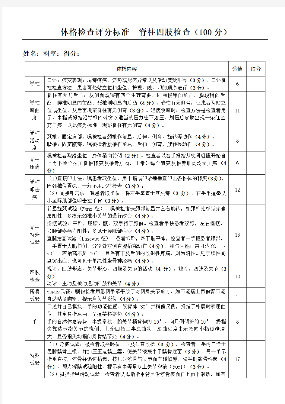 脊柱四肢检查评分准则