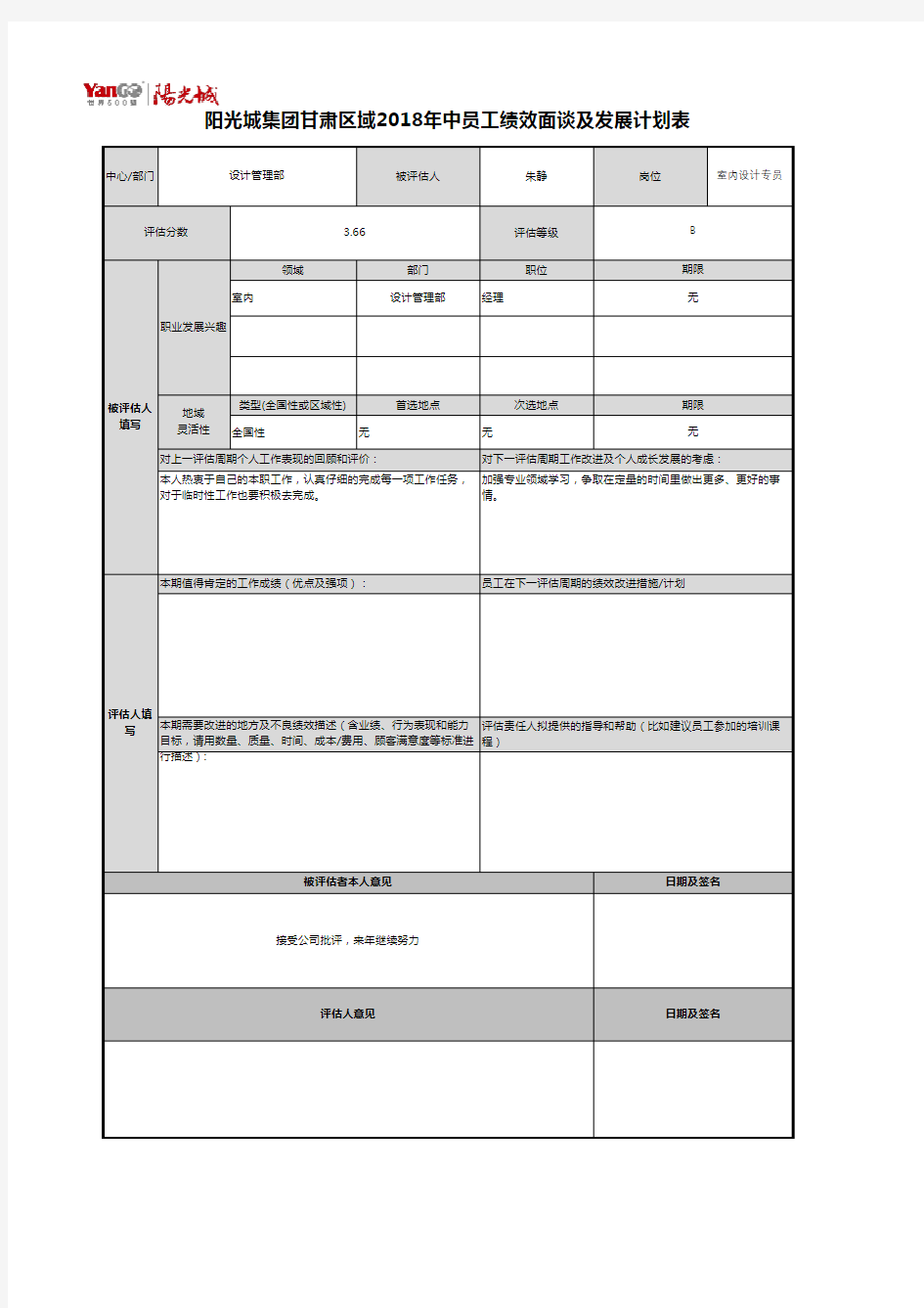 阳光城地产-员工绩效面谈和改进计划表(朱静)