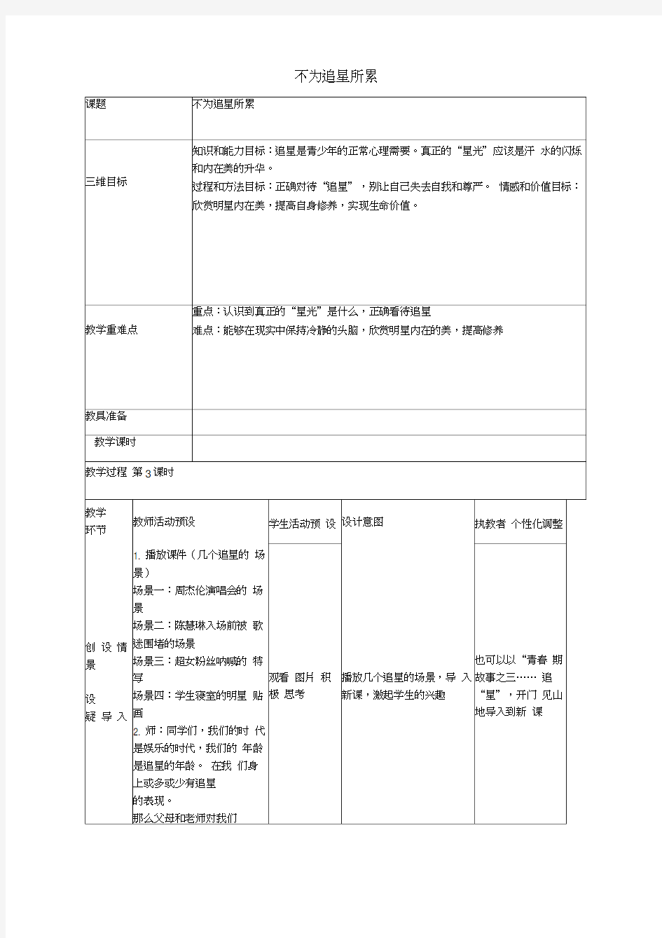 2020年秋八年级政治上册第4课青春故事不为追星所累教案人民版