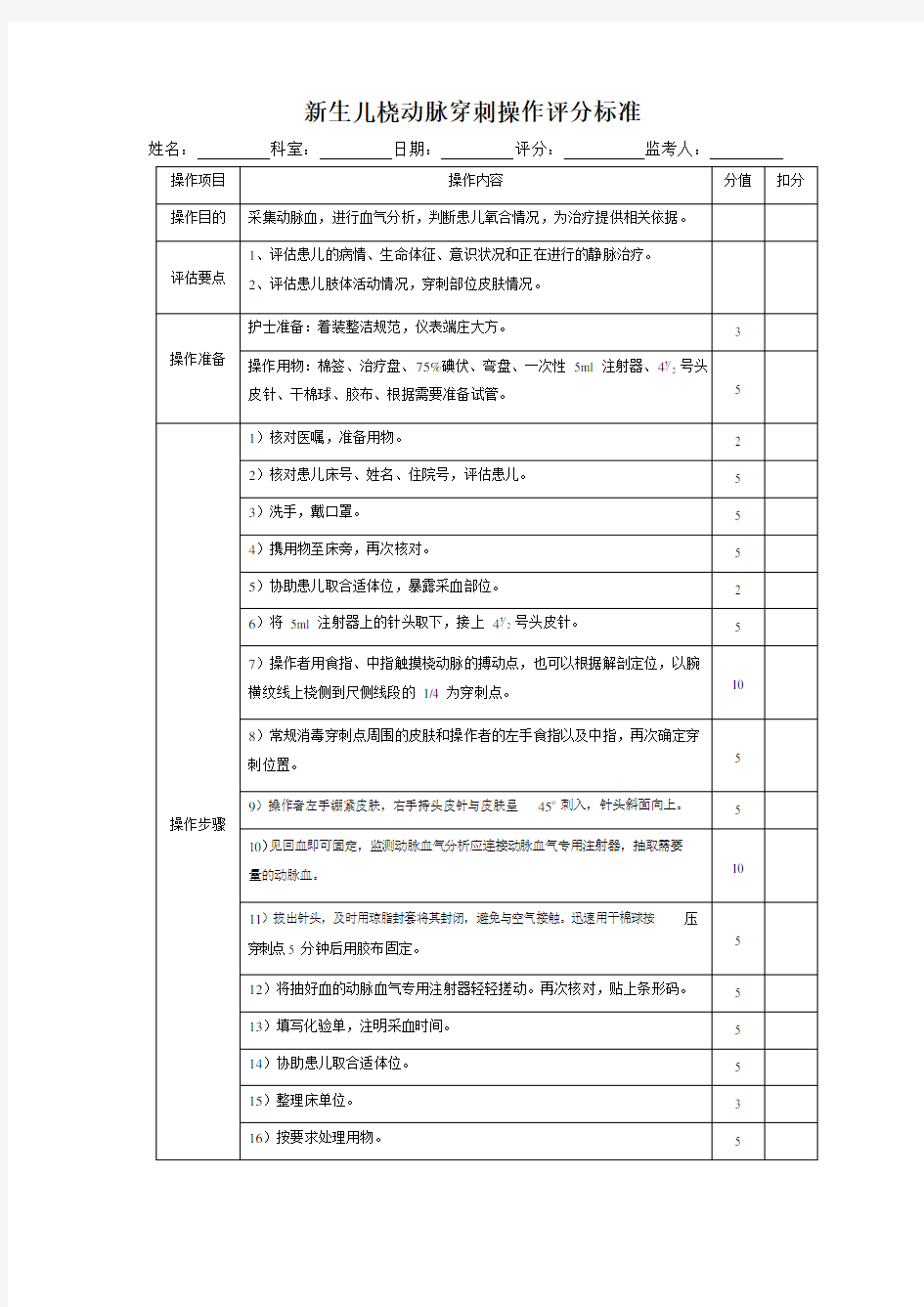 新生儿桡动脉穿刺操作评分标准