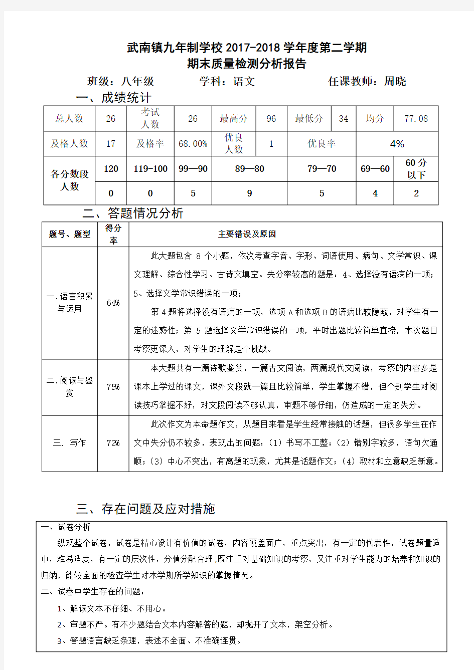 期末质量检测分析报告