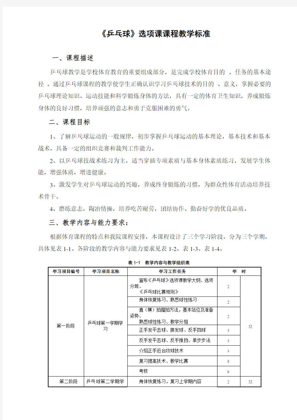 乒乓球选项课课程教学标准