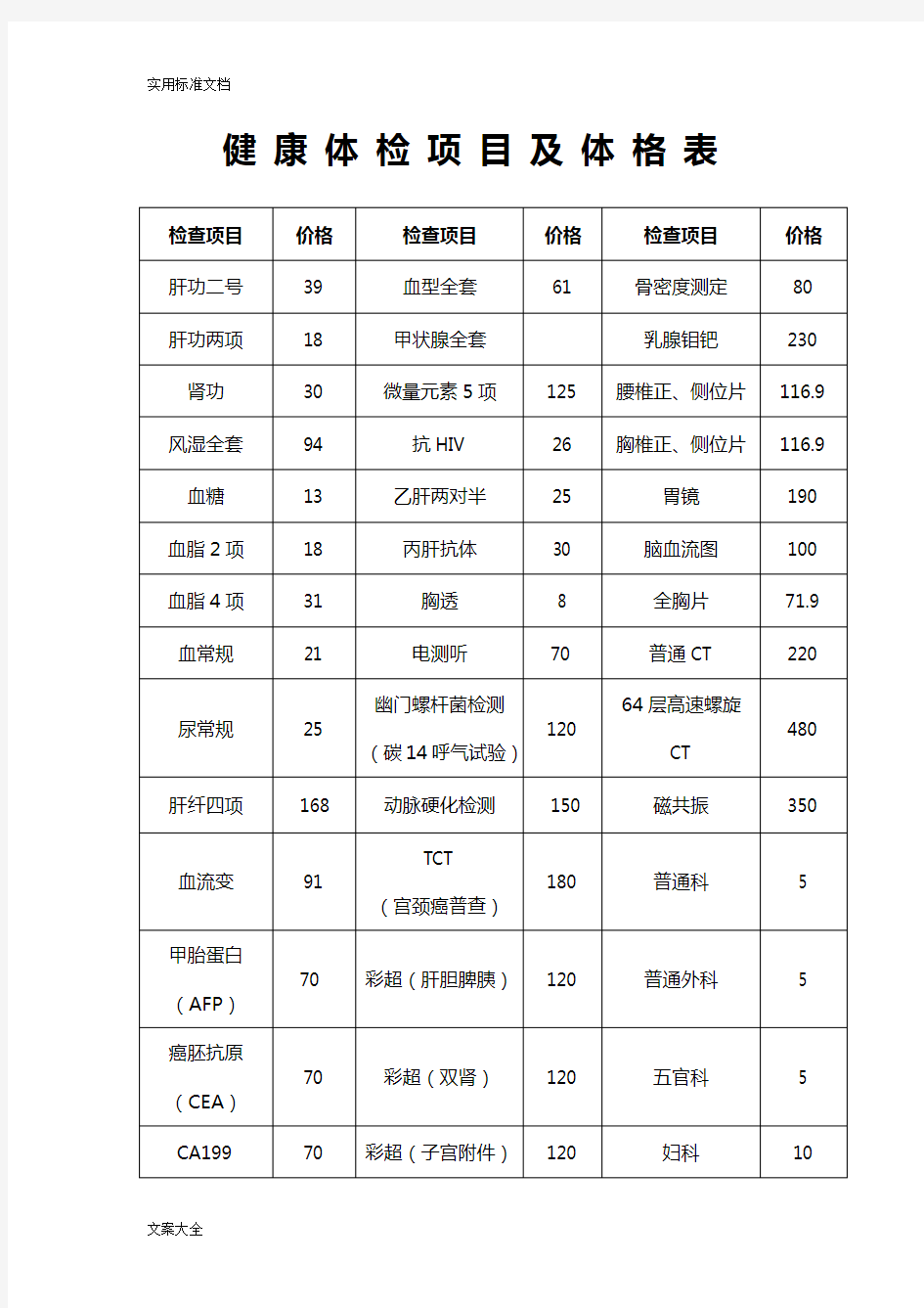 健康体检项目及体格表