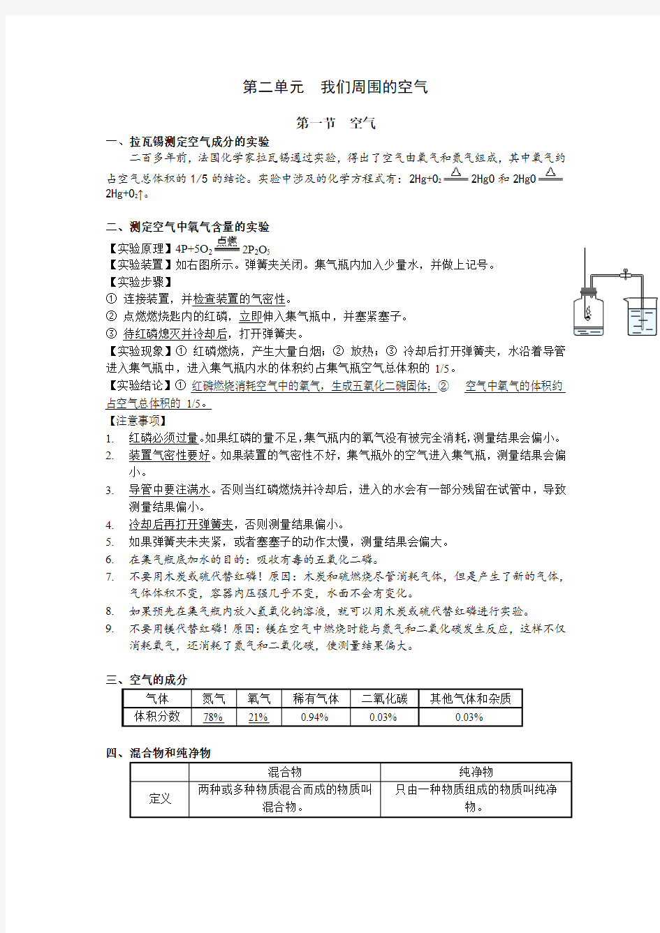 初中化学第二单元知识点