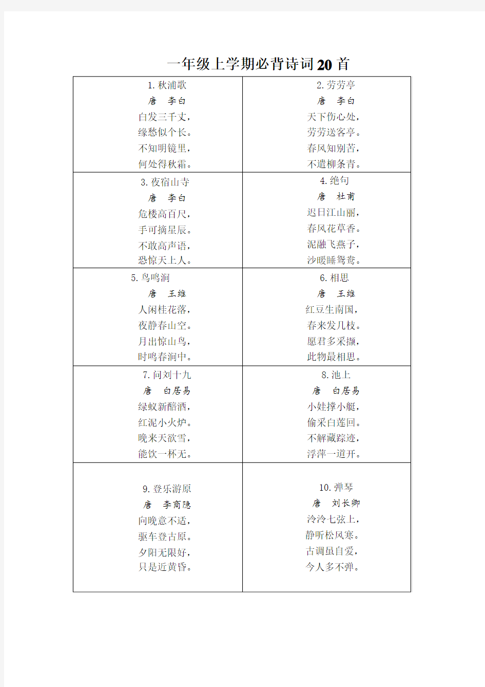 小学一年级必背古诗40首