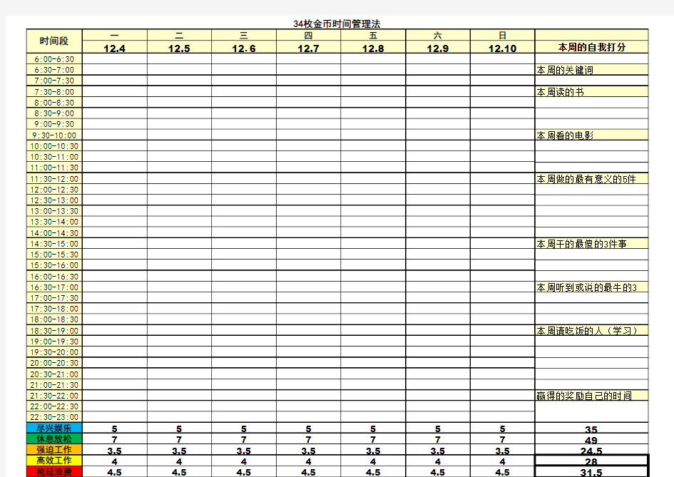 34枚金币时间管理法表格