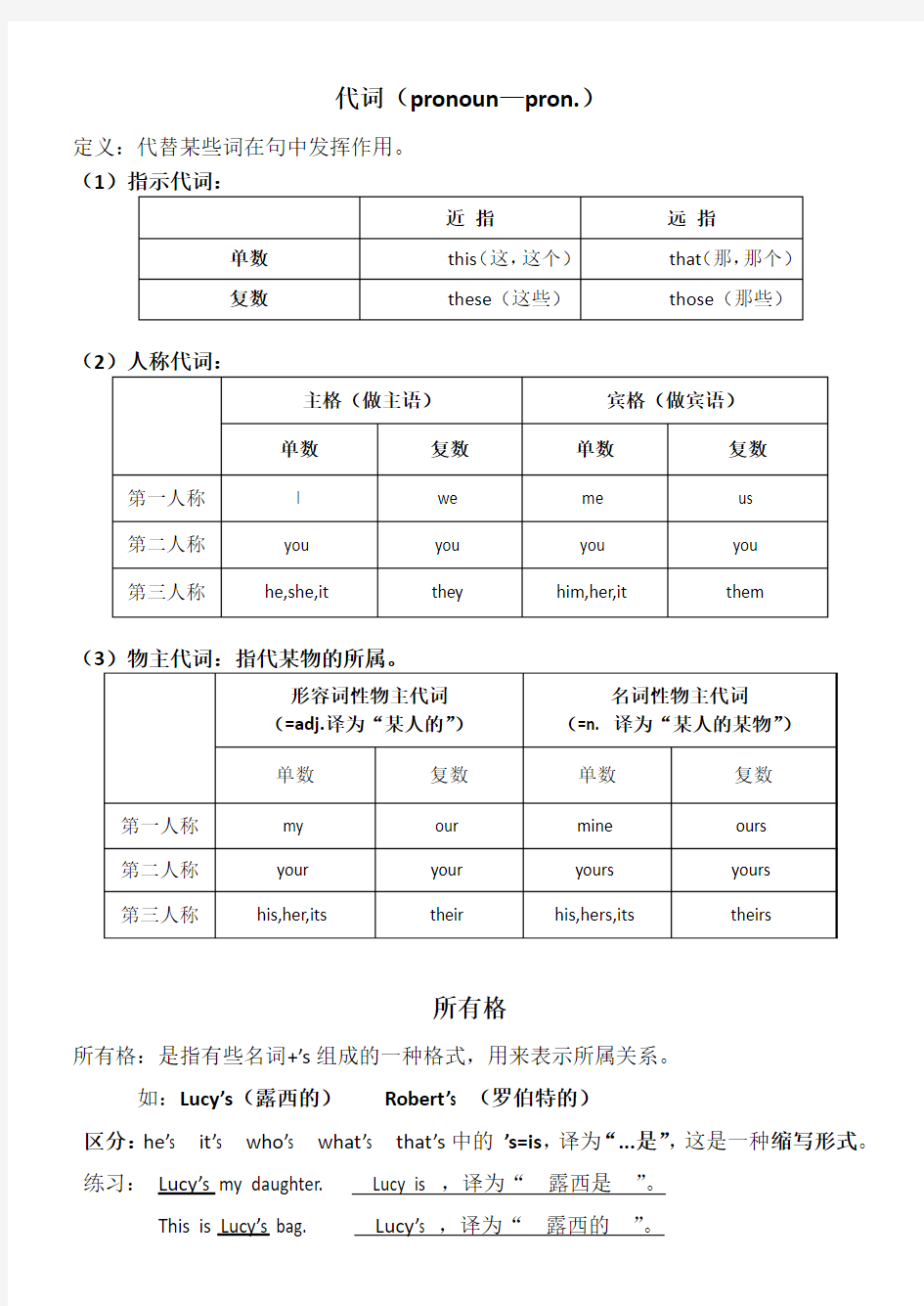 代词和名词所有格