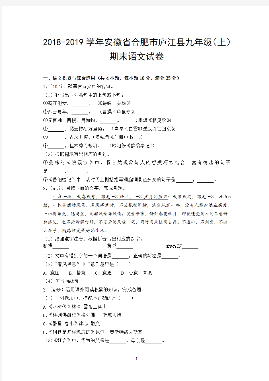 2018-2019学年安徽省合肥市庐江县九年级(上)期末语文试卷