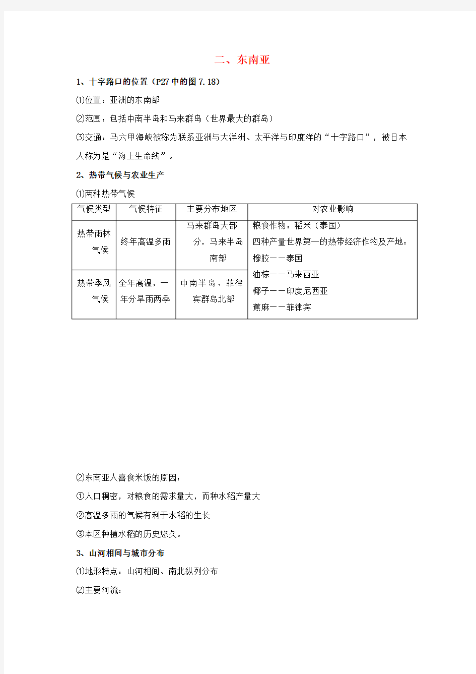 七年级地理会考复习7.2《东南亚》知识点总结