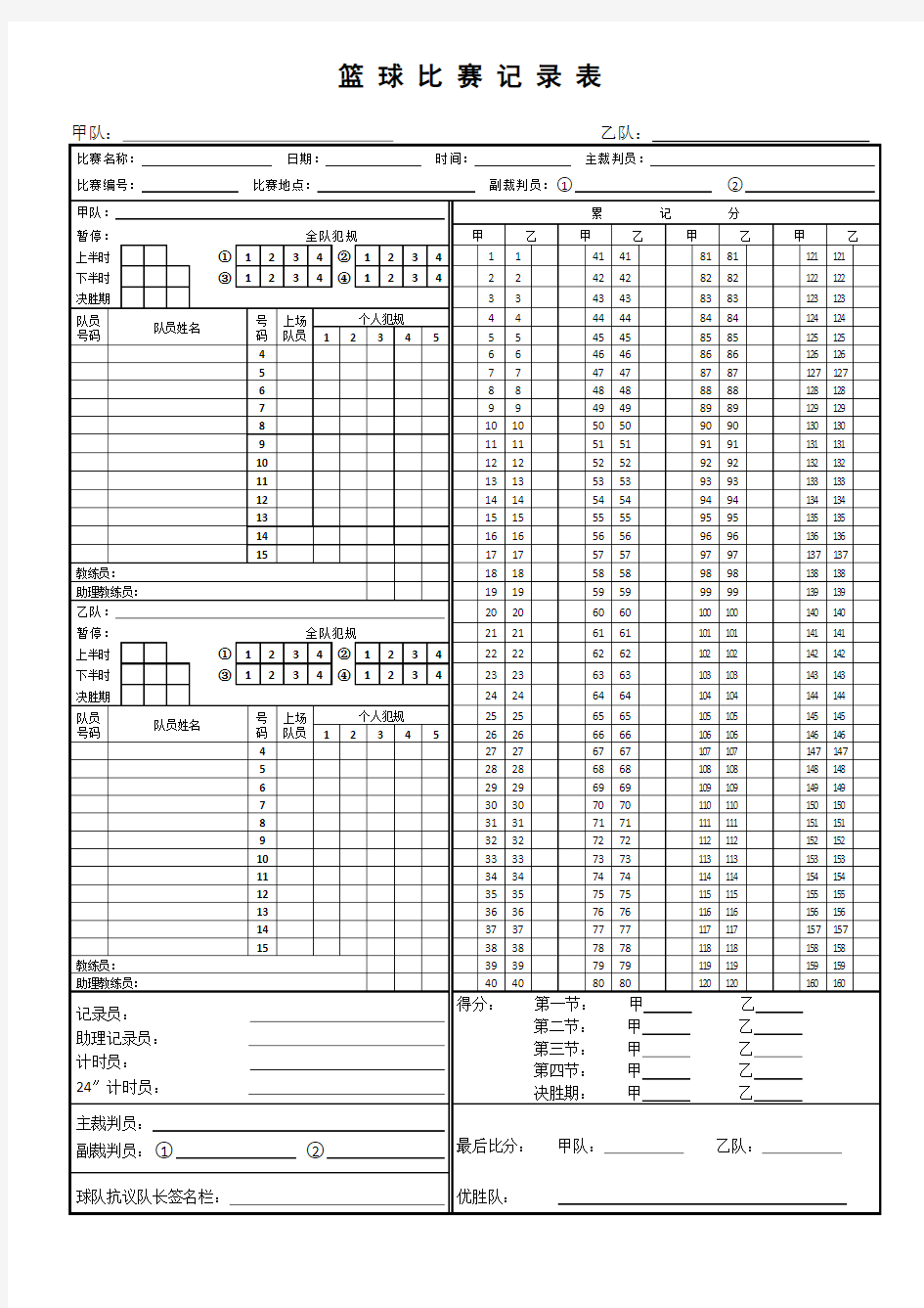 篮球比赛记分表模板