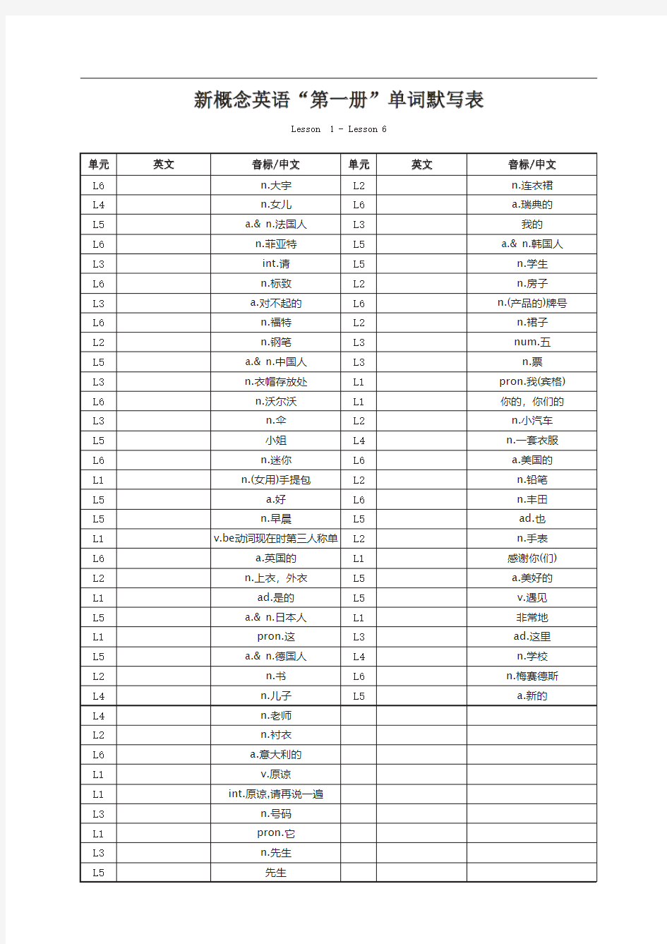 新概念英语“第一册”单词默写表(中译英)