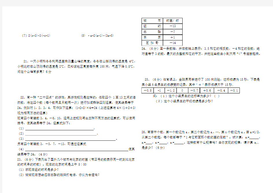 七年级数学有理数单元测试题及答案