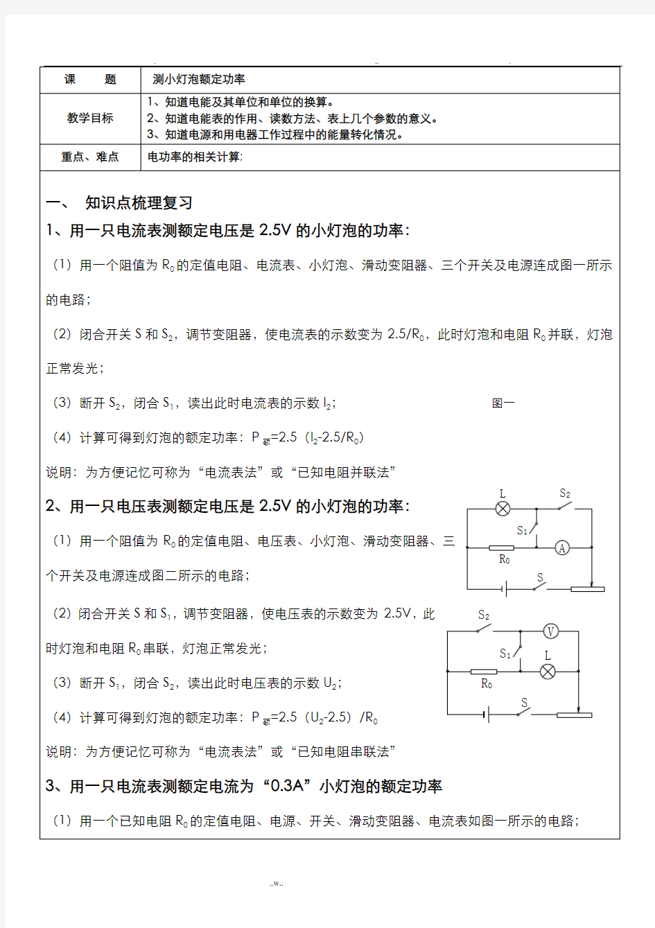 测小灯泡额定功率---单电流表或电压表