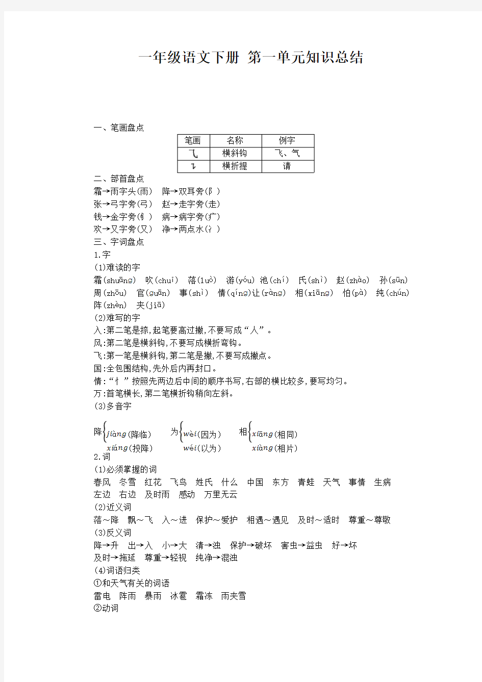 一年级语文下册第一单元知识总结