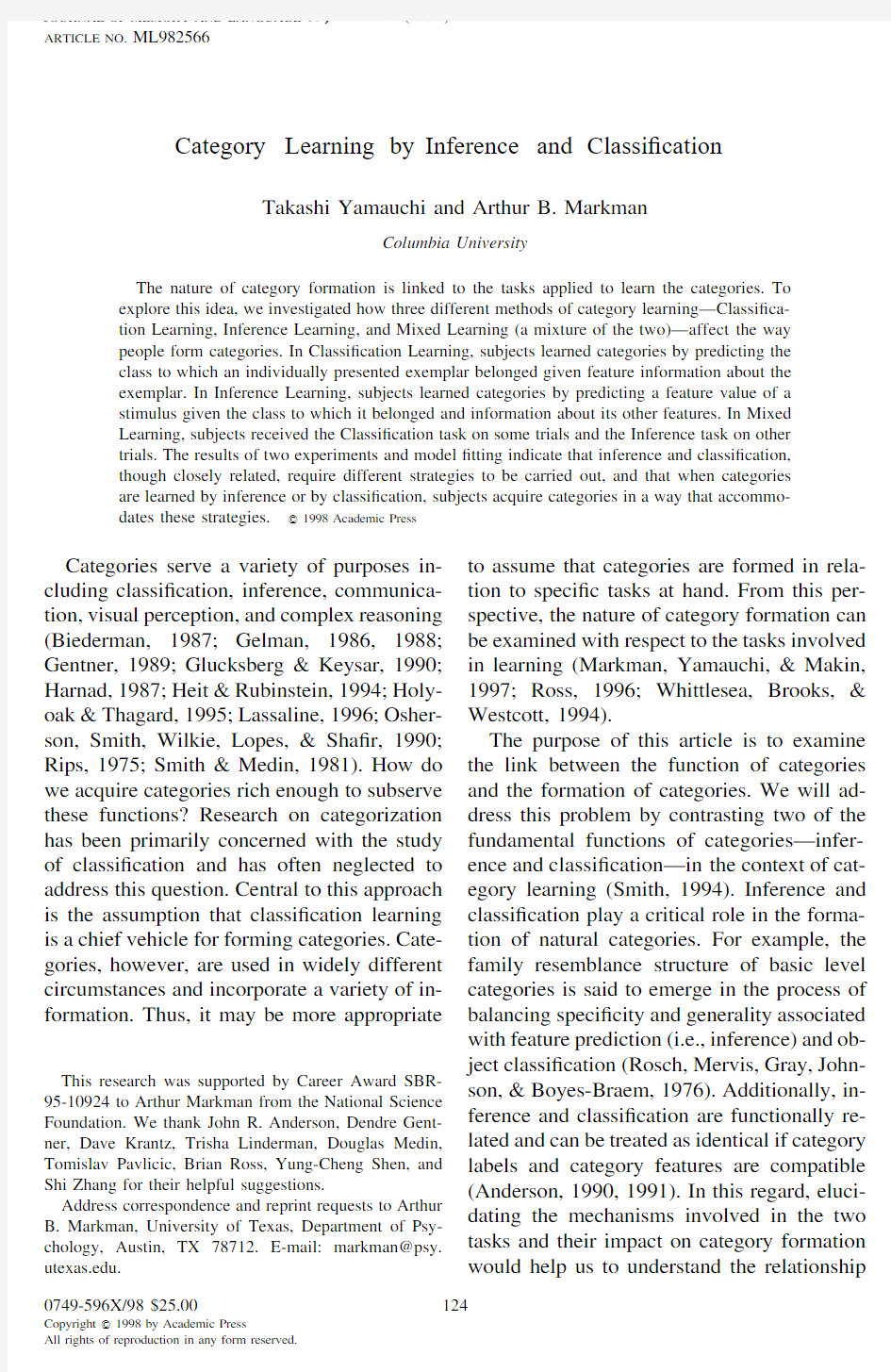 JOURNAL OF MEMORY AND LANGUAGE 39, 124–148 (1998) ARTICLE NO. ML982566 Category Learning b