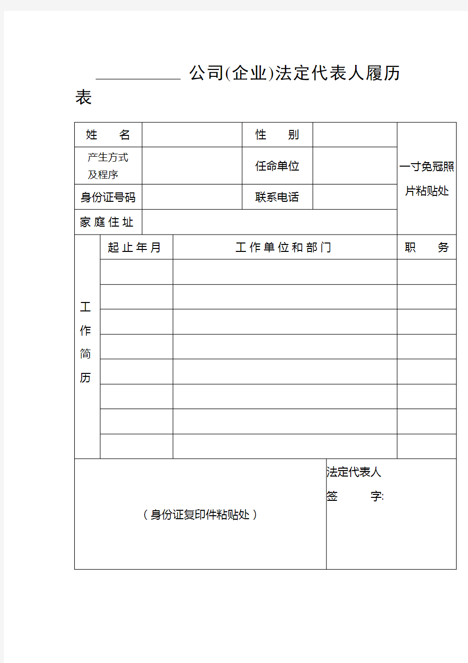 公司(企业)法定代表人履历表模板范文