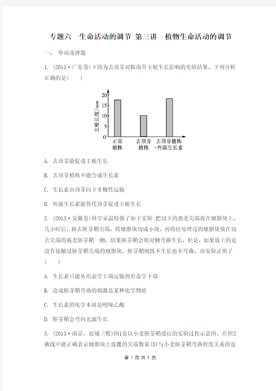 2014届高考生物二轮检测与评估：专题六 生命活动的调节 第三讲 植物生命活动的调节