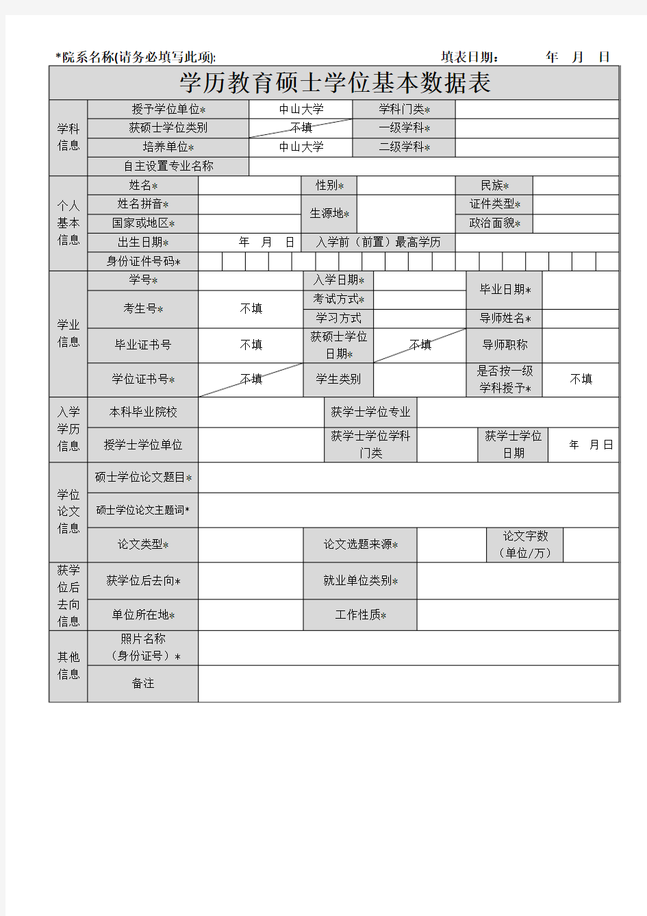 院系名称(请务必填写此项) 填表日期：