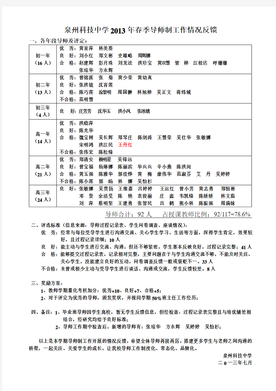 泉州科技中学导师制工作情况反馈(期末)