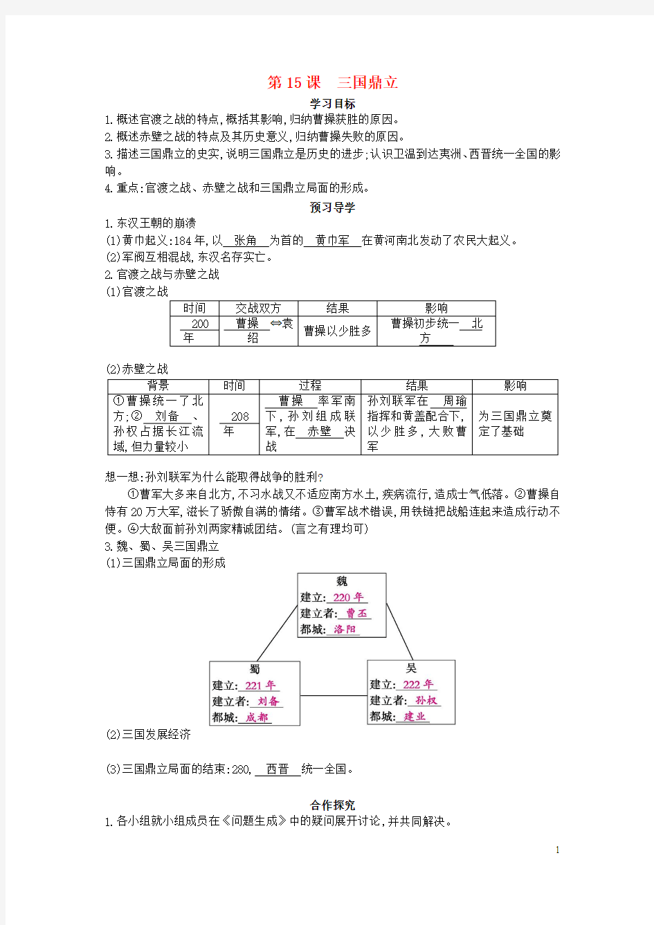 七年级历史上册三国鼎立