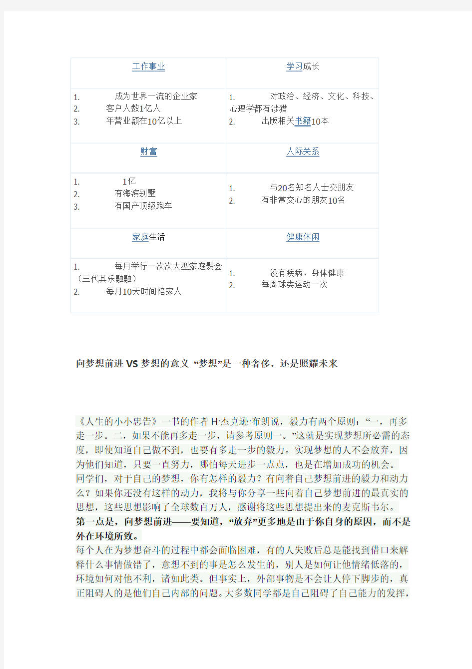 梦想 终极、远期、中期、近期目标范例