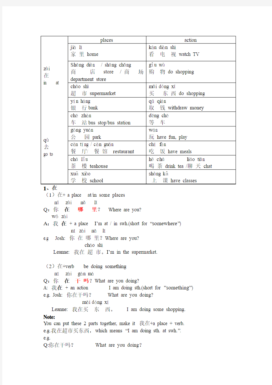 在哪里 在干吗  对外汉语教学材料  有拼音和英语