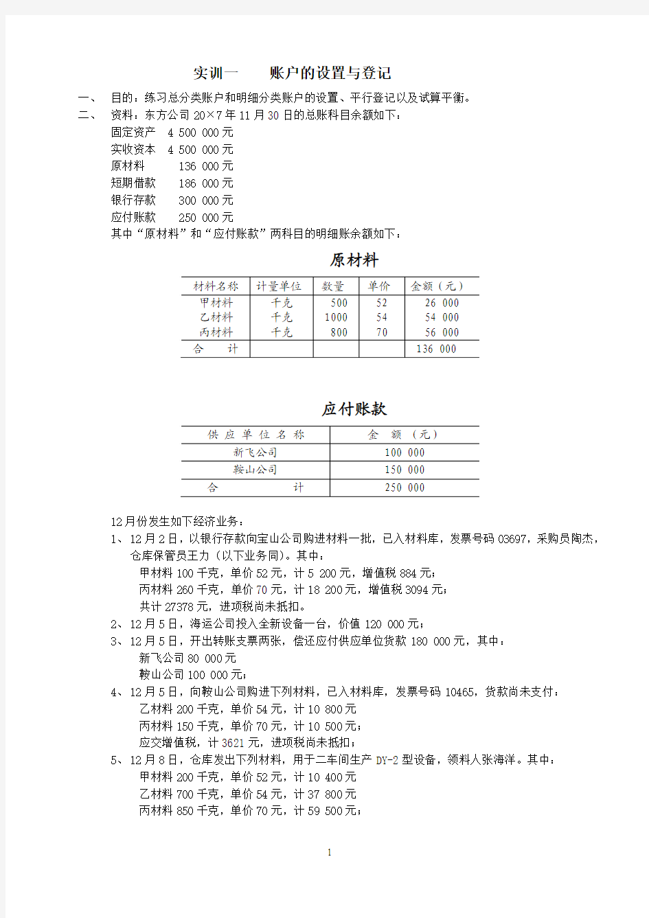 会计学原理_实训一账户的设置与登记