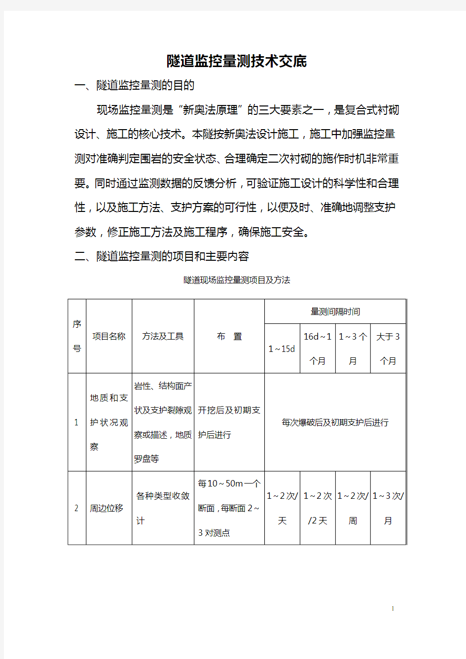 隧道监控量测技术交底